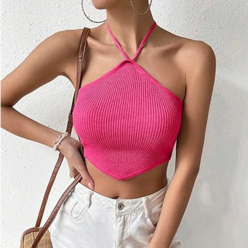 OEM Factory Custom Hanging Neck Knitted Lady Tops